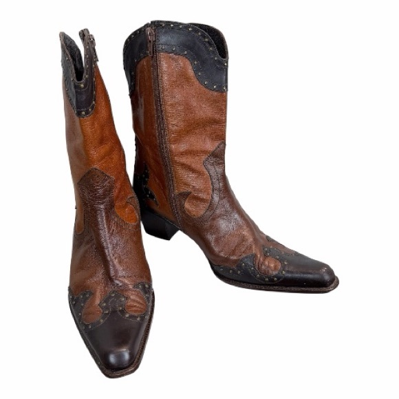 Vintage Stuart Weitzman Western Cowboy Boots Tri-Tone Leather Studded 8.5 - Picture 3 of 11